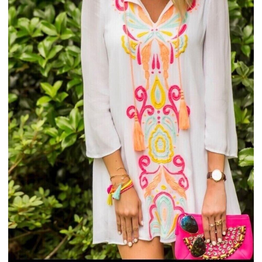NWT‎ Lilly Pulitzer Ellie Tunic Dress Resort White Neon Embroidery Small Lined